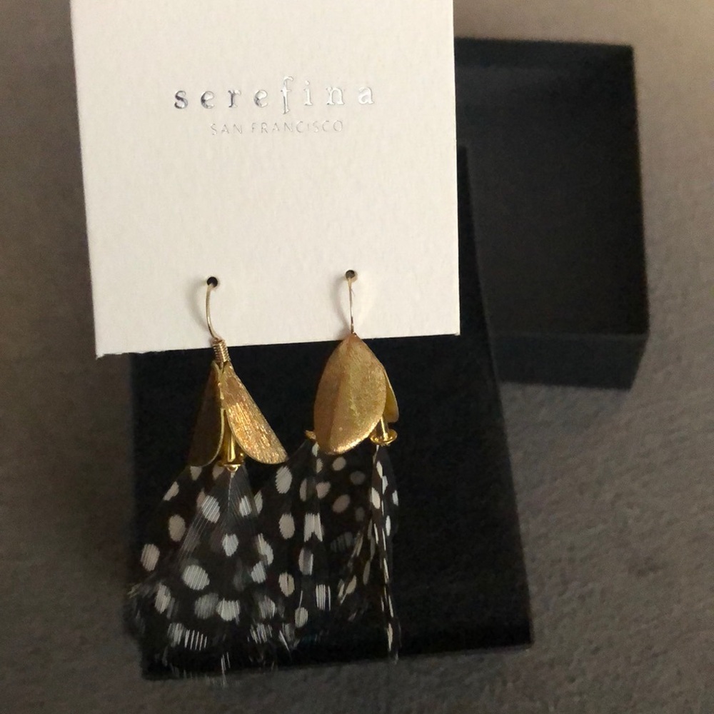 Serefina black, white and gold feathered earrings